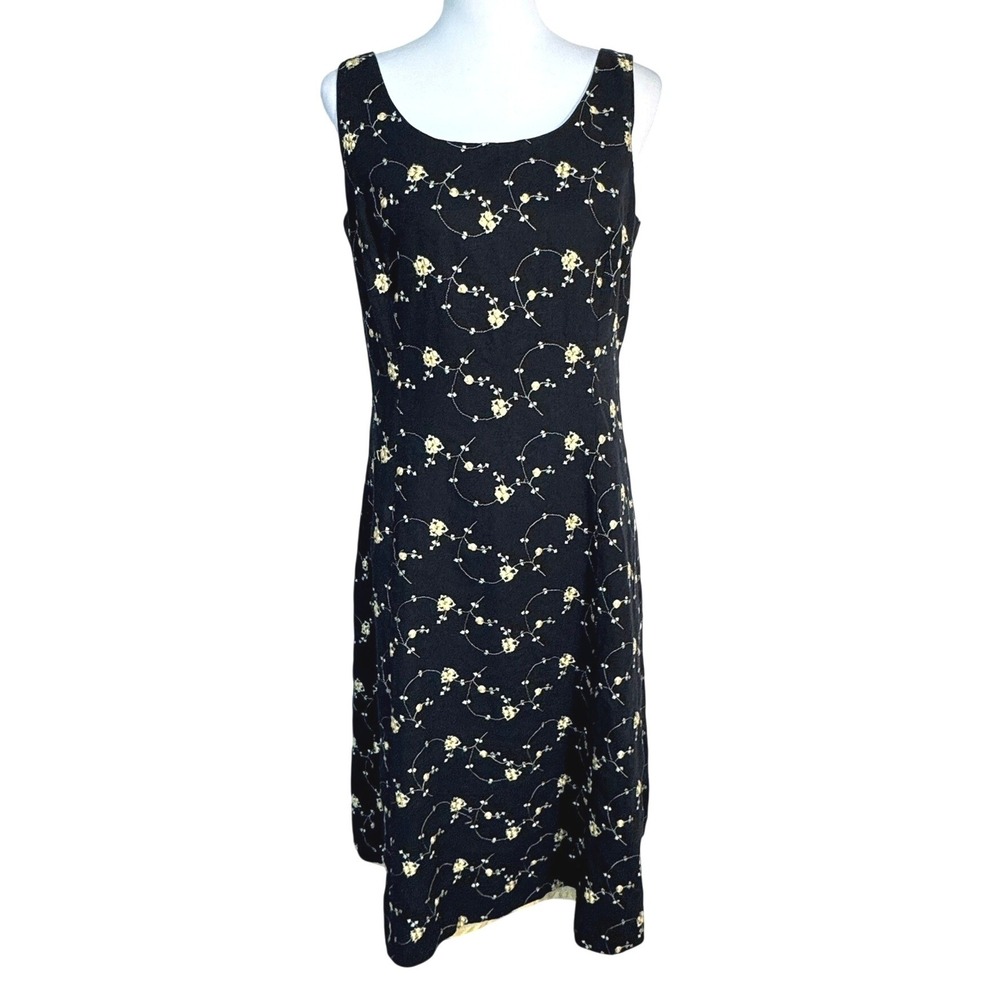 SHERI MARTIN NEW YORK Womens 10 Black Yellow Linen Embroidered Floral Midi Dress